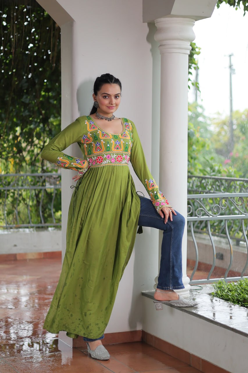 Green Rayon Kutchi Gamthi Work Round Neck Navratri Special Gown