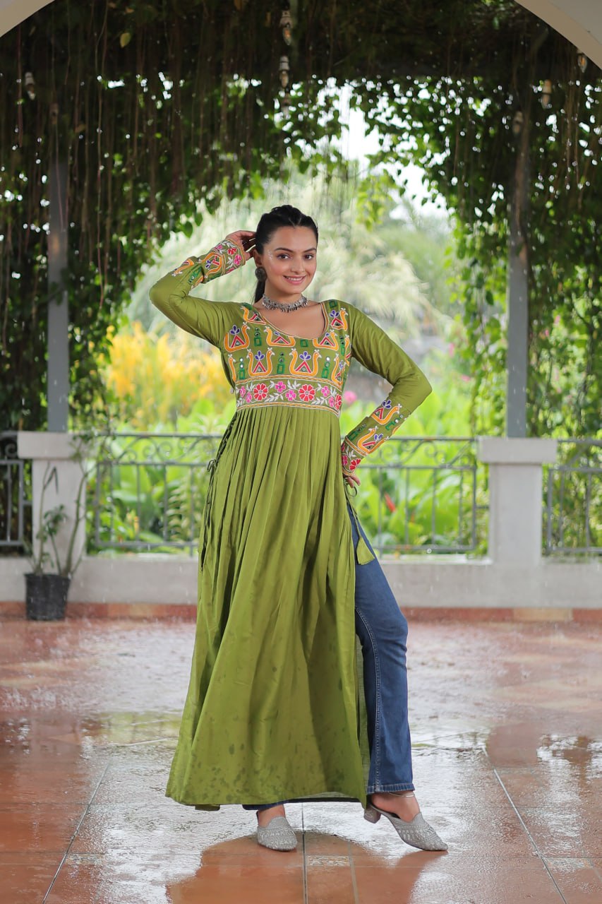 Green Rayon Kutchi Gamthi Work Round Neck Navratri Special Gown