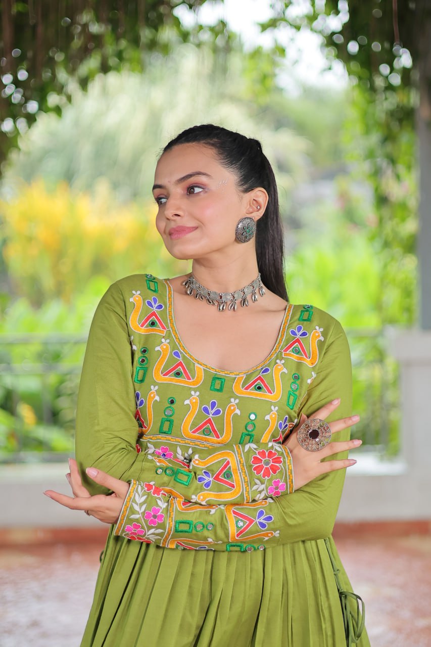 Green Rayon Kutchi Gamthi Work Round Neck Navratri Special Gown