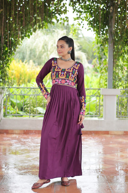 Wine Rayon Kutchi Gamthi Work Round Neck Navratri Special Gown