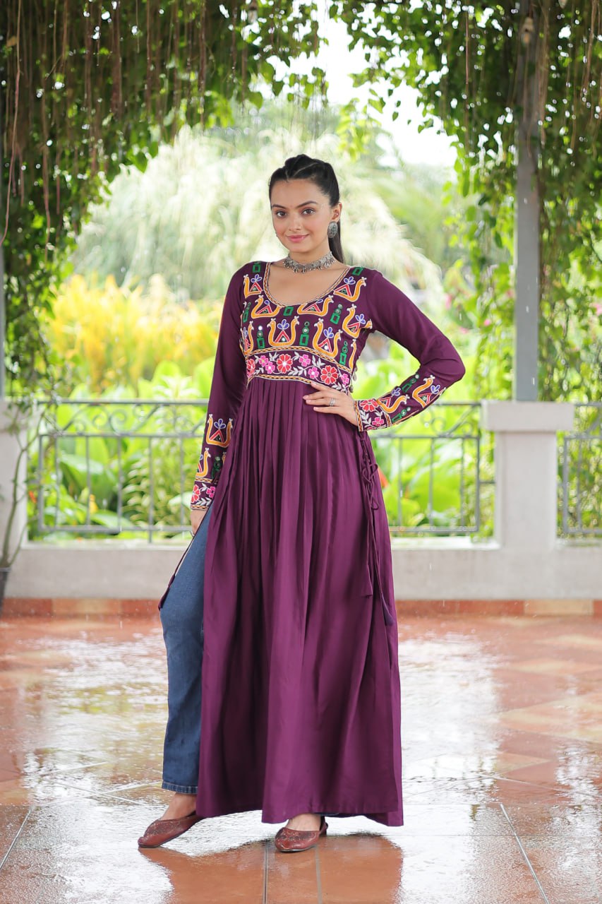 Wine Rayon Kutchi Gamthi Work Round Neck Navratri Special Gown