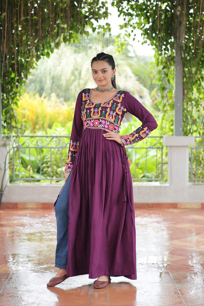Wine Rayon Kutchi Gamthi Work Round Neck Navratri Special Gown