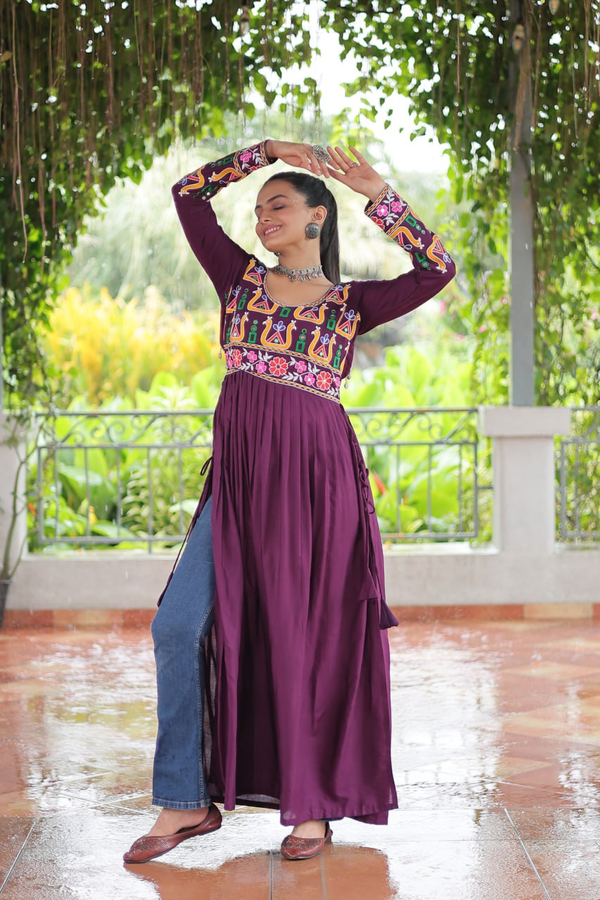 Wine Rayon Kutchi Gamthi Work Round Neck Navratri Special Gown