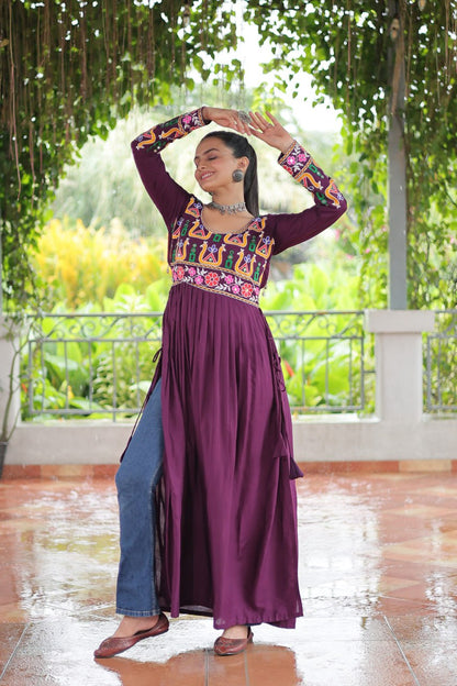 Wine Rayon Kutchi Gamthi Work Round Neck Navratri Special Gown