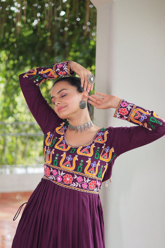 Wine Rayon Kutchi Gamthi Work Round Neck Navratri Special Gown