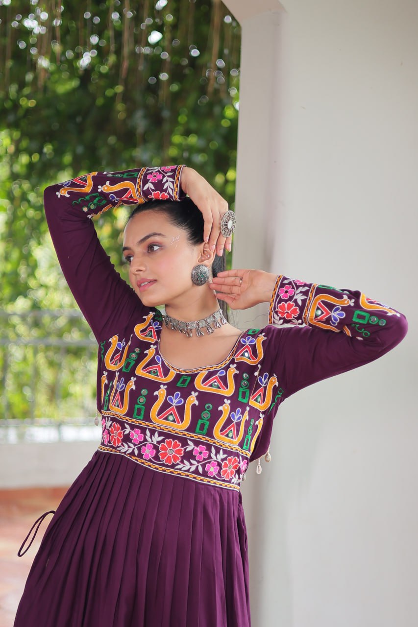 Wine Rayon Kutchi Gamthi Work Round Neck Navratri Special Gown