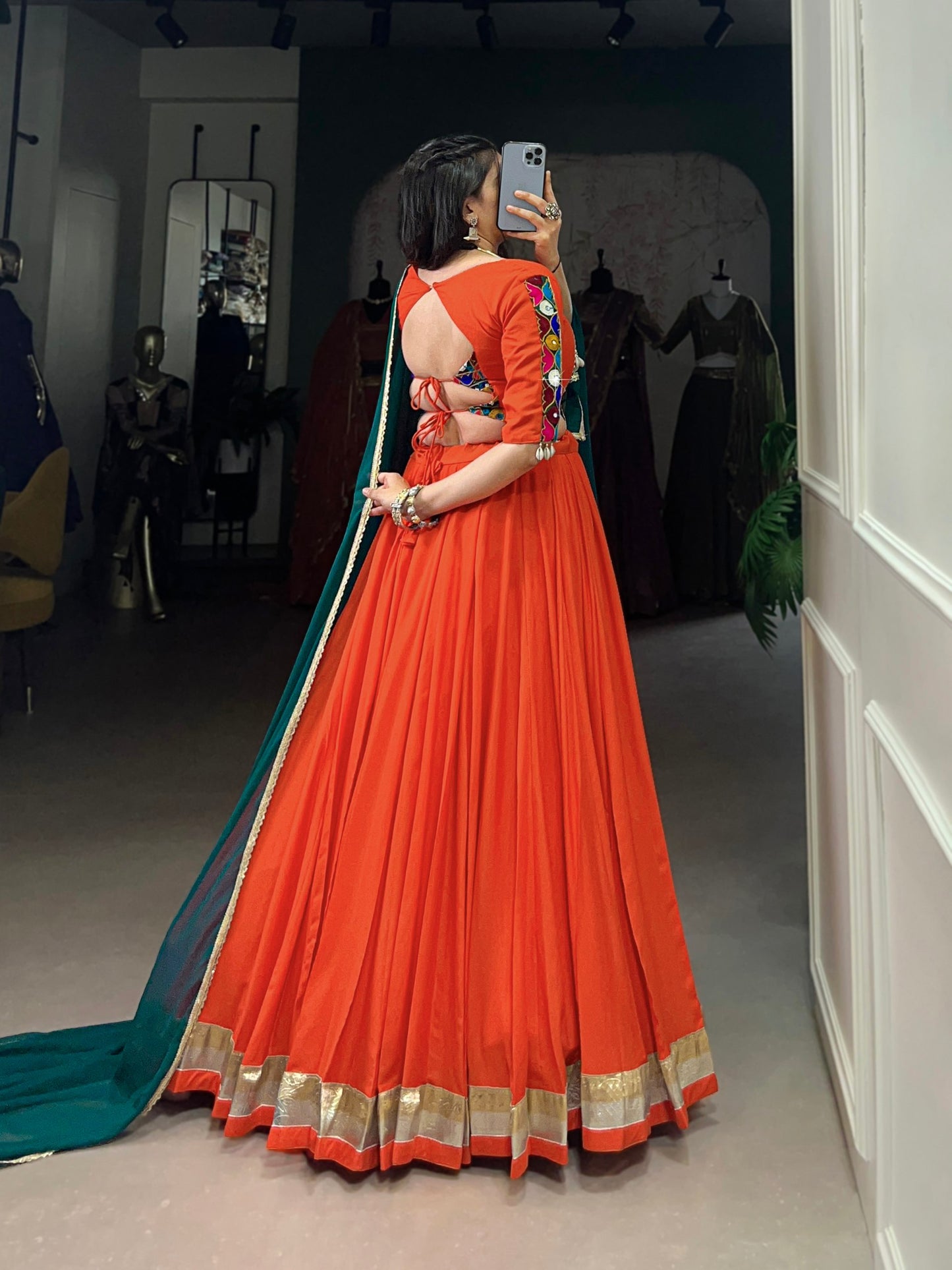 Orange Pure Rayon Embossed Design Lace Touch Up Navratri Lehenga Choli