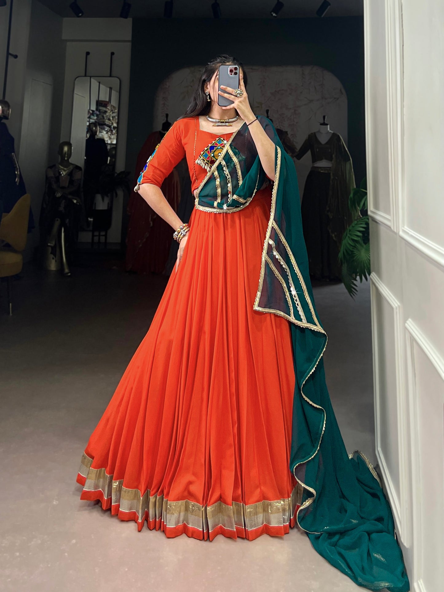 Orange Pure Rayon Embossed Design Lace Touch Up Navratri Lehenga Choli