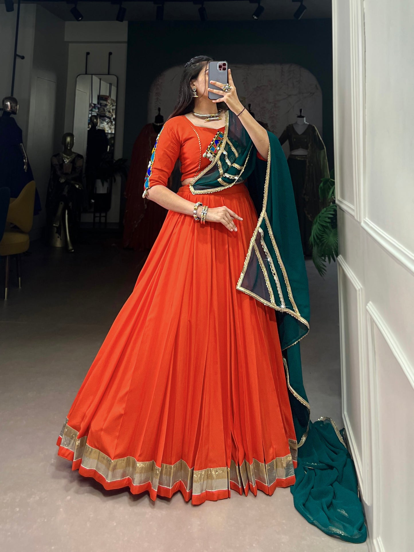 Orange Pure Rayon Embossed Design Lace Touch Up Navratri Lehenga Choli