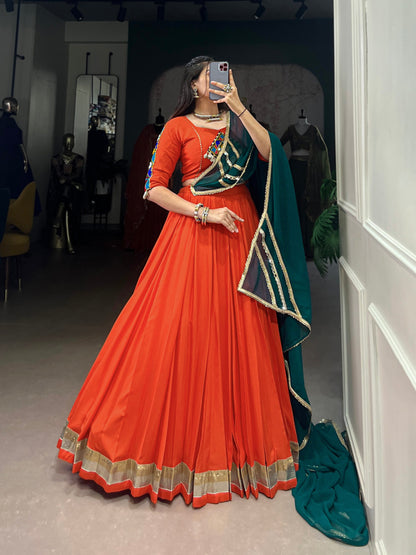 Orange Pure Rayon Embossed Design Lace Touch Up Navratri Lehenga Choli