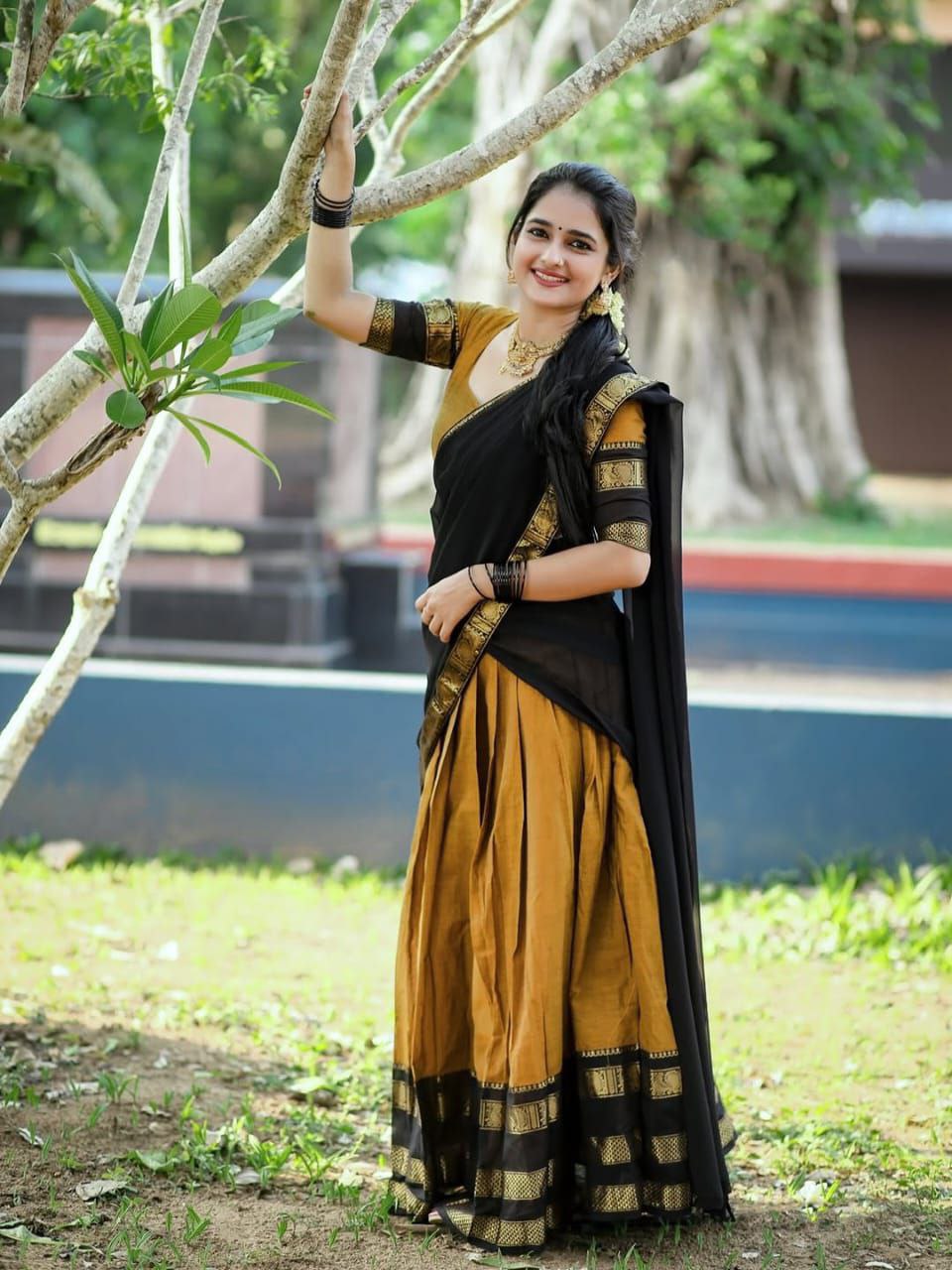 Mustard Yellow Kanjivaram Silk Half Saree with Gold Zari Weaving by The Beauty Queen Surat