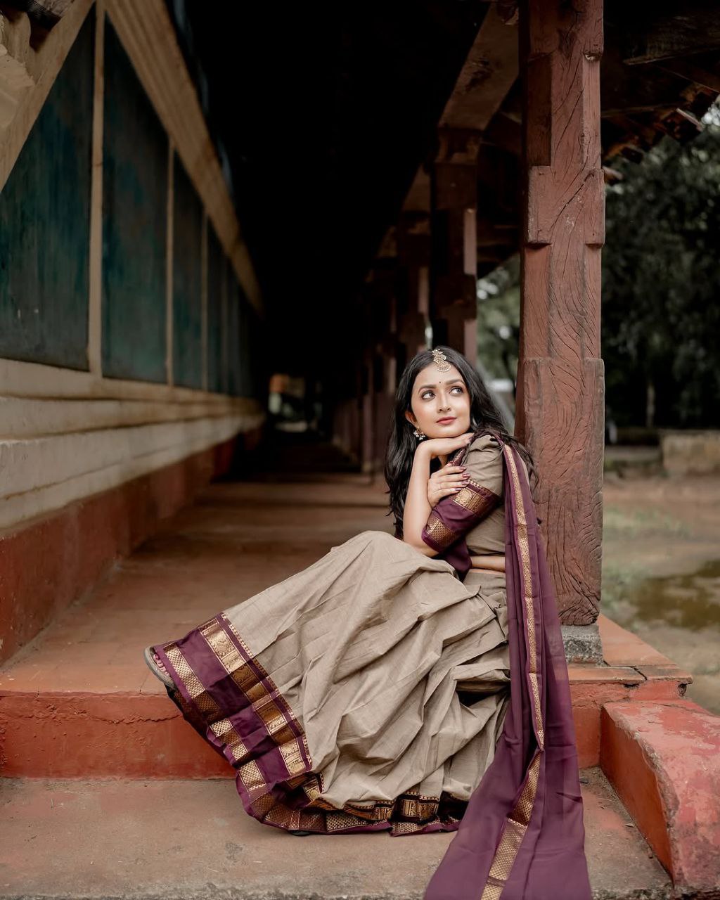 Earthy Grey Kanjivaram Silk Half Saree with Traditional Gold Zari Weaving Work