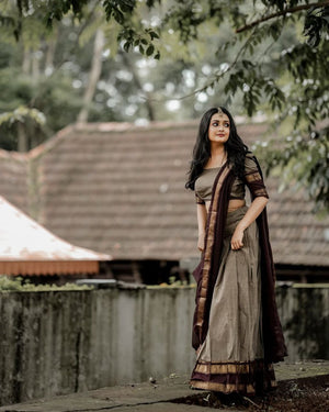 Grey and Wine Kanjivaram Silk Half Saree with Gold Zari Weaving by The Beauty Queen Surat