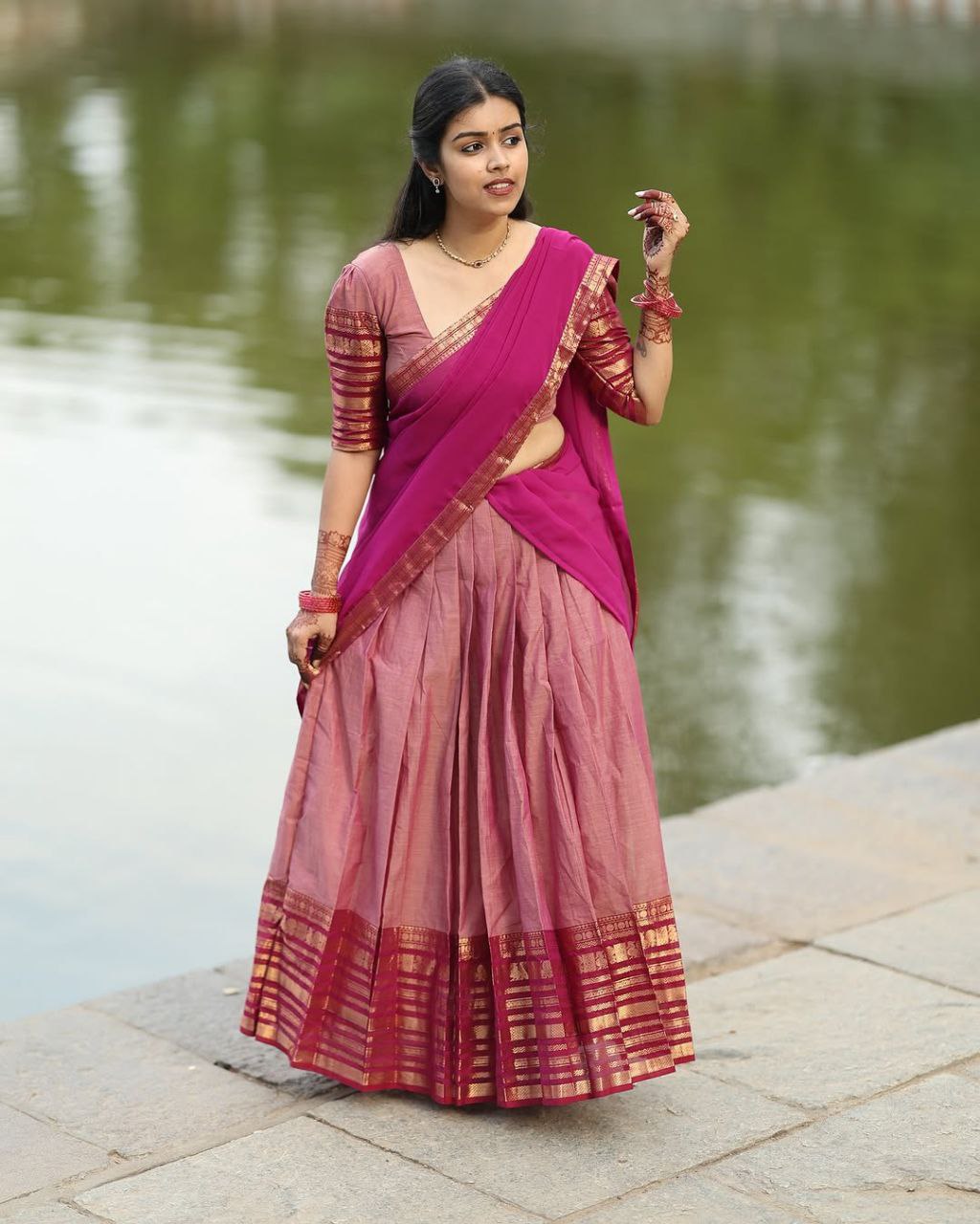 Dusty Rose Pink Kanjivaram Silk Half Saree with Gold Zari Weaving by The Beauty Queen Surat