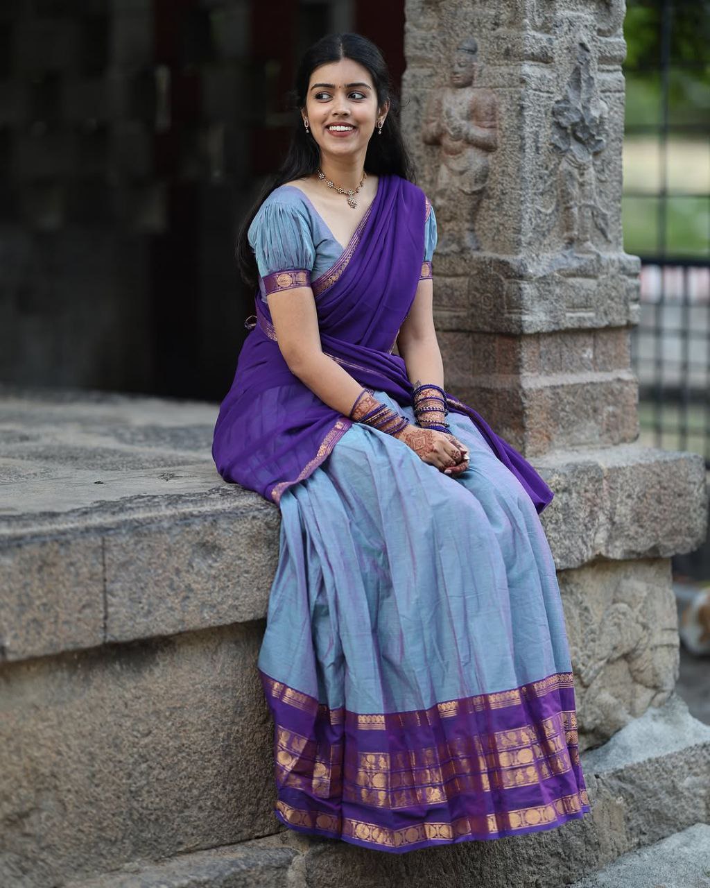 Powder Blue Kanjivaram Silk Half Saree with Traditional Gold Zari Weaving Work