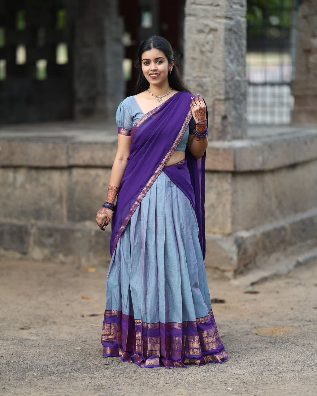 Powder Blue Kanjivaram Silk Half Saree with Gold Zari Weaving by The Beauty Queen Surat