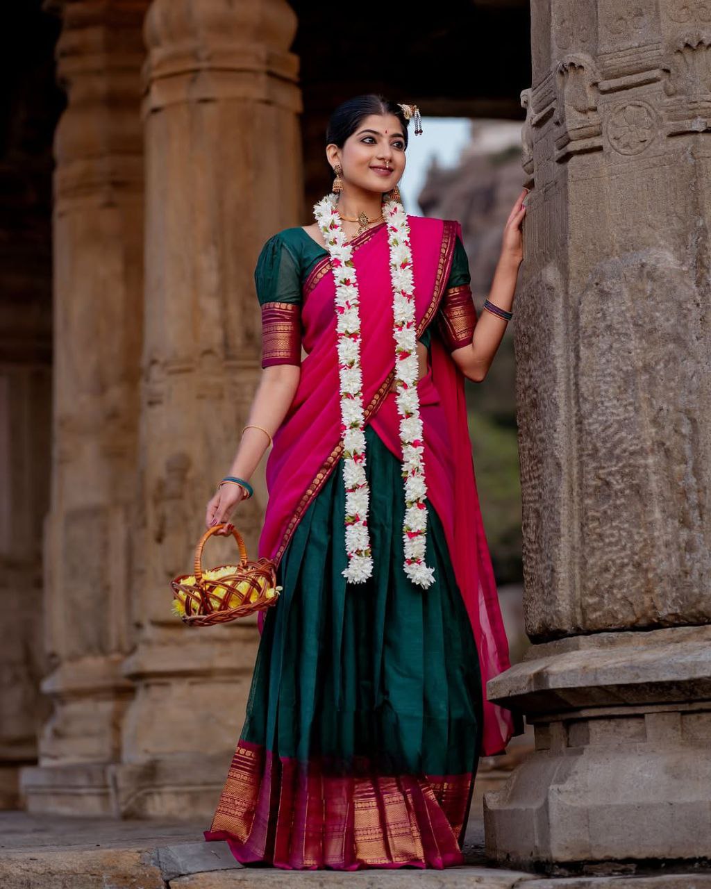 Dark Green Kanjivaram Silk Half Saree with Gold Zari Weaving by The Beauty Queen Surat