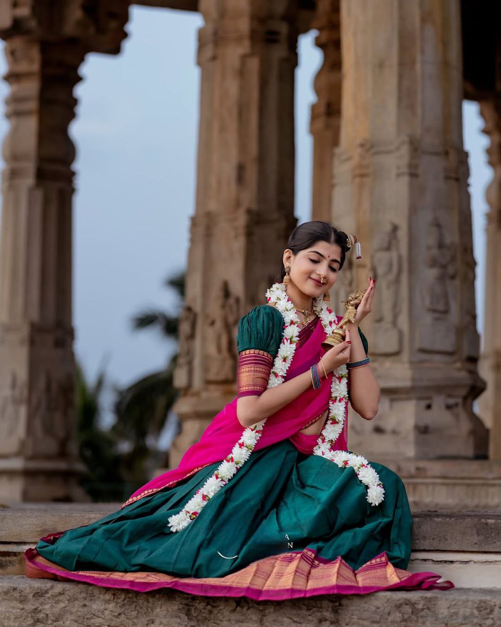 Dark Green Kanjivaram Silk Half Saree with Traditional Gold Zari Weaving Work