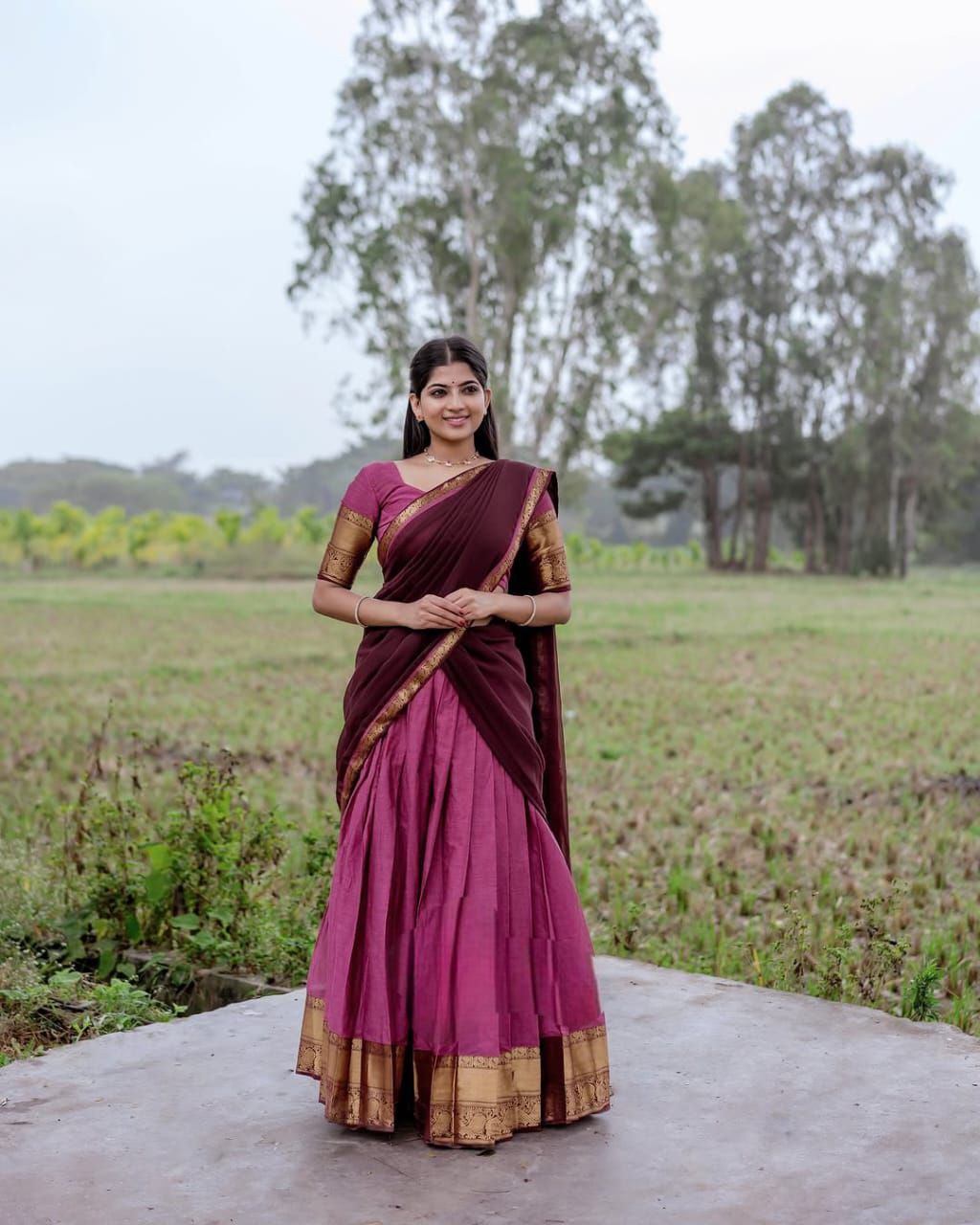 Deep Wine Kanjivaram Silk Half Saree with Gold Zari Weaving by The Beauty Queen Surat