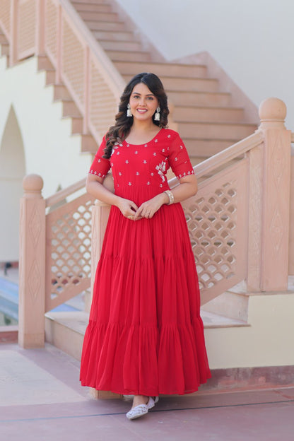 Red Faux Blooming Designer Round Neck Embroidery Work Gown