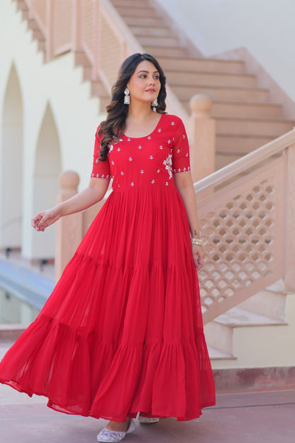 Red Faux Blooming Designer Round Neck Embroidery Work Gown