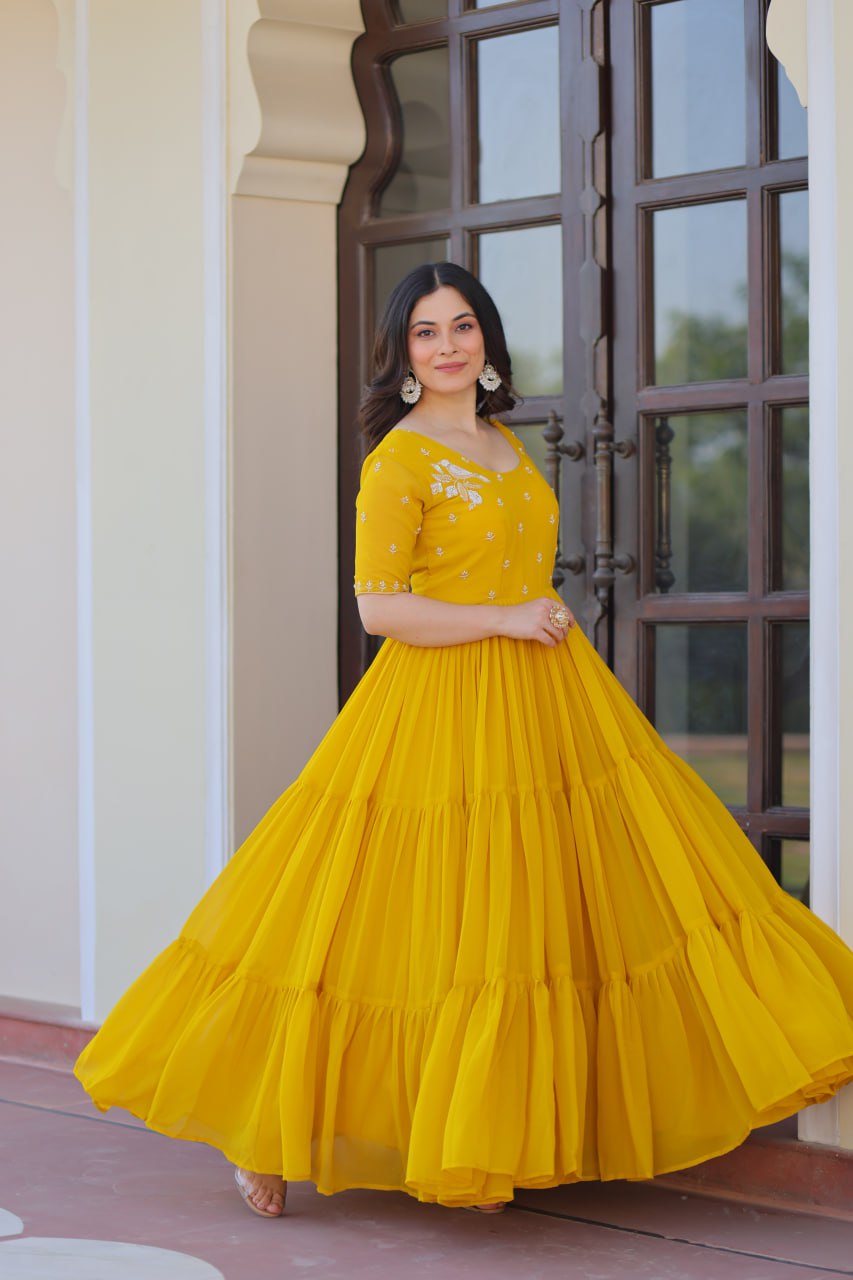 Yellow Faux Blooming Designer Round Neck Embroidery Work Gown