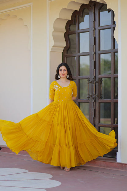 Yellow Faux Blooming Designer Round Neck Embroidery Work Gown