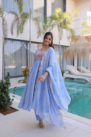 Sky Blue Mal Chanderi Anarkali Suit with multicolored floral beads embroidery and scalloped dupatta by The Beauty Queen Surat.