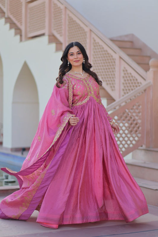 Pink Gold Crush Fabric With Sequins Embroidered Work Gown