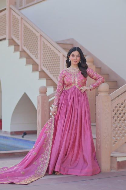 Pink Gold Crush Fabric With Sequins Embroidered Work Gown