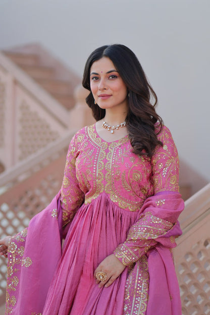Pink Gold Crush Fabric With Sequins Embroidered Work Gown