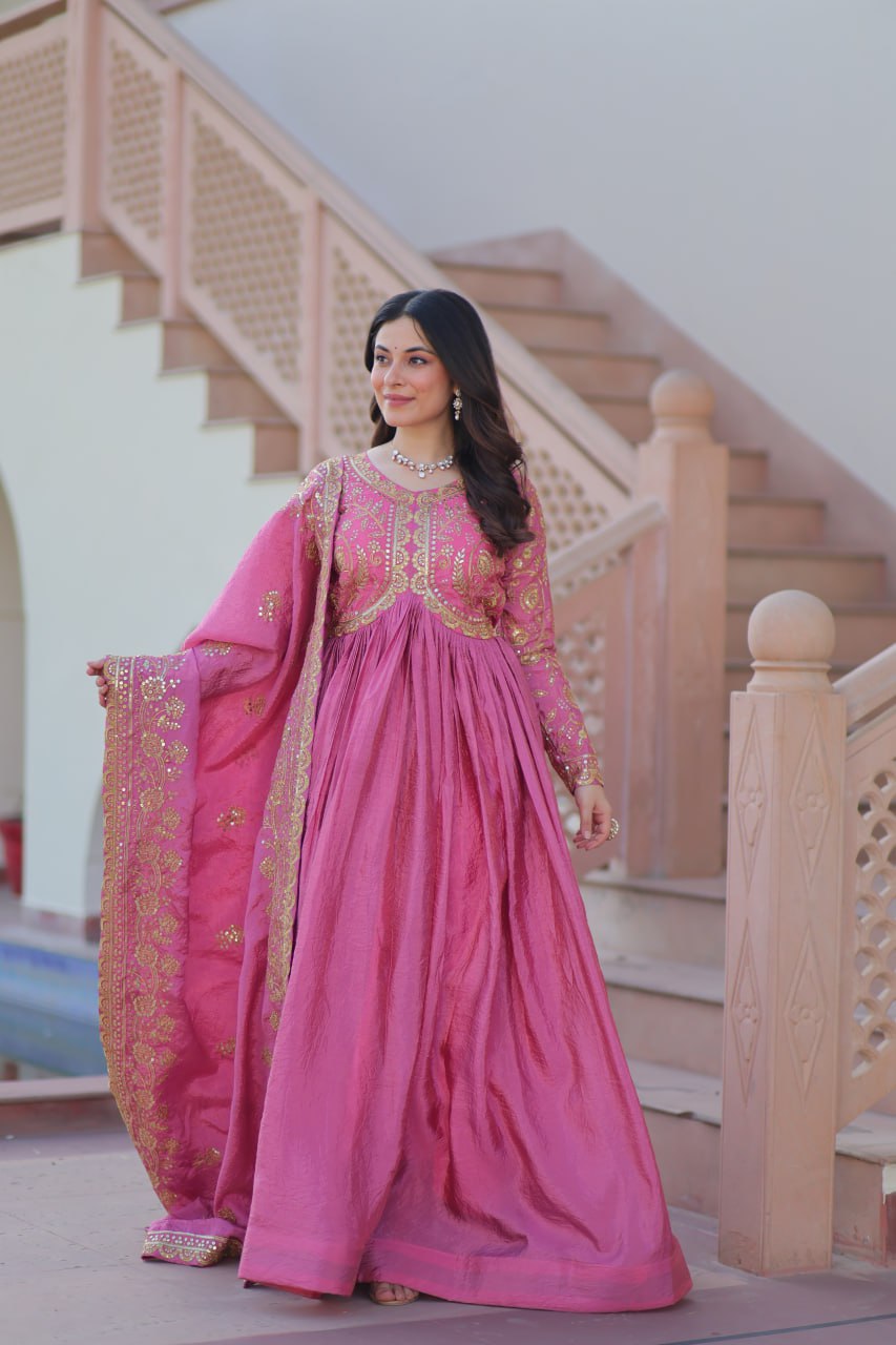 Pink Gold Crush Fabric With Sequins Embroidered Work Gown