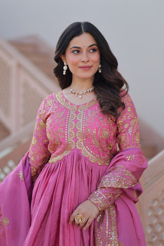 Pink Gold Crush Fabric With Sequins Embroidered Work Gown