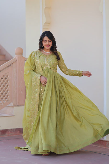 Green Gold Crush Fabric With Sequins Embroidered Work Gown