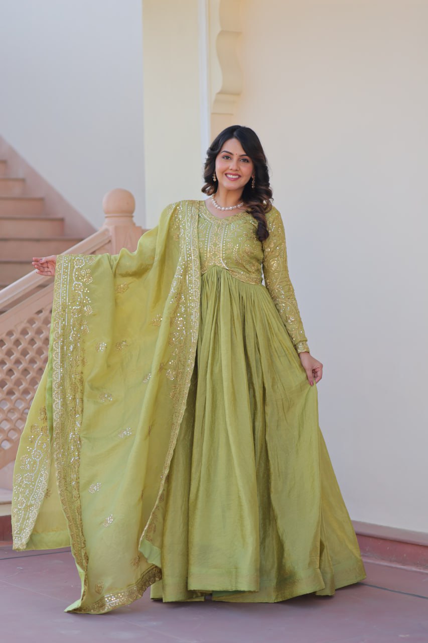 Green Gold Crush Fabric With Sequins Embroidered Work Gown