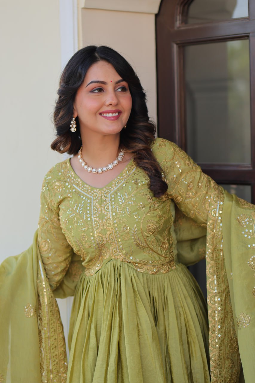 Green Gold Crush Fabric With Sequins Embroidered Work Gown