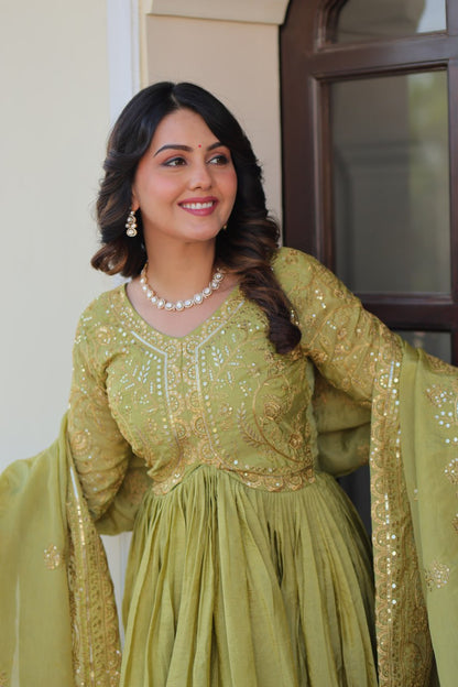 Green Gold Crush Fabric With Sequins Embroidered Work Gown