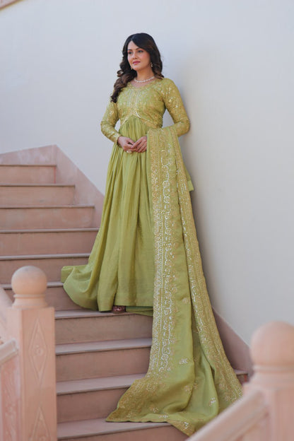 Green Gold Crush Fabric With Sequins Embroidered Work Gown