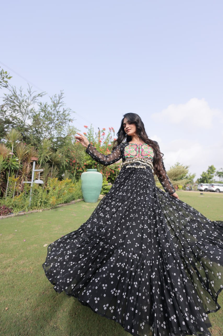 Navratri Black Bandhani Printed Faux Georgette Anarkali Dress with Kutchi Patchwork & Shell Detailing