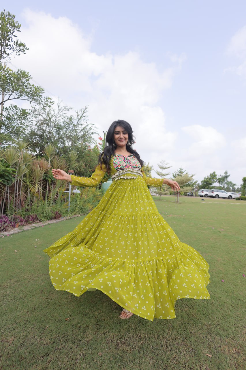 Navratri Lime Green Bandhani Printed Faux Georgette Anarkali Dress with Kutchi Patchwork & Shell Detailing