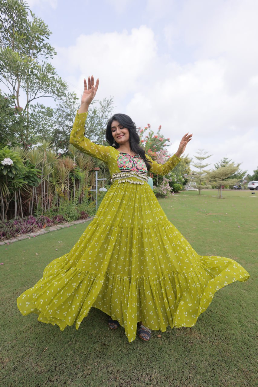 Navratri Lime Green Bandhani Printed Faux Georgette Anarkali Dress with Kutchi Patchwork & Shell Detailing