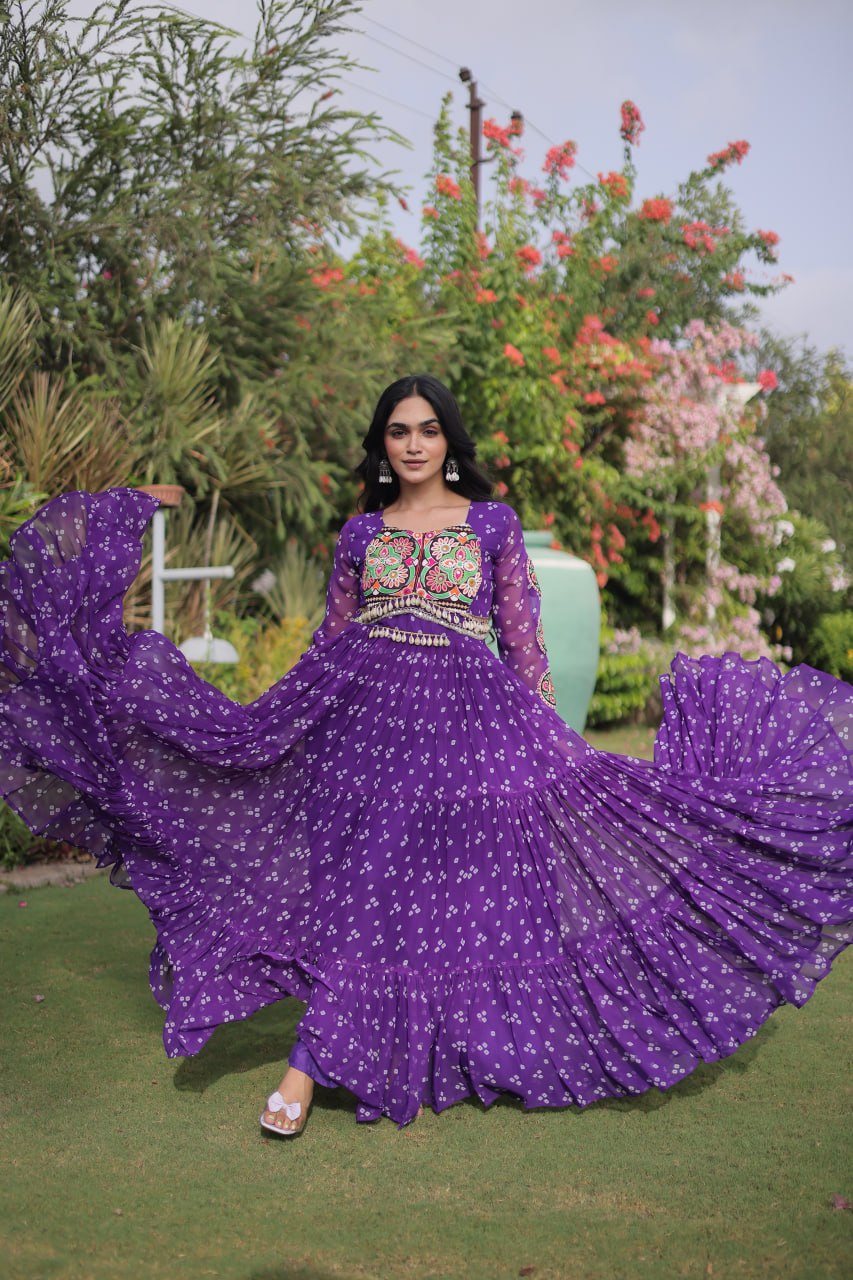 Navratri Purple Bandhani Printed Faux Georgette Anarkali Dress with Kutchi Patchwork & Shell Detailing