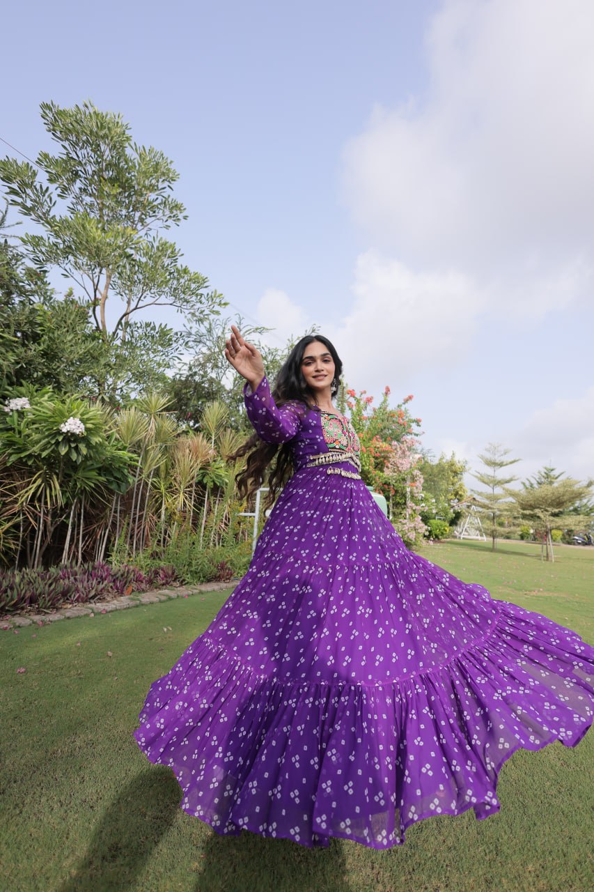 Navratri Purple Bandhani Printed Faux Georgette Anarkali Dress with Kutchi Patchwork & Shell Detailing