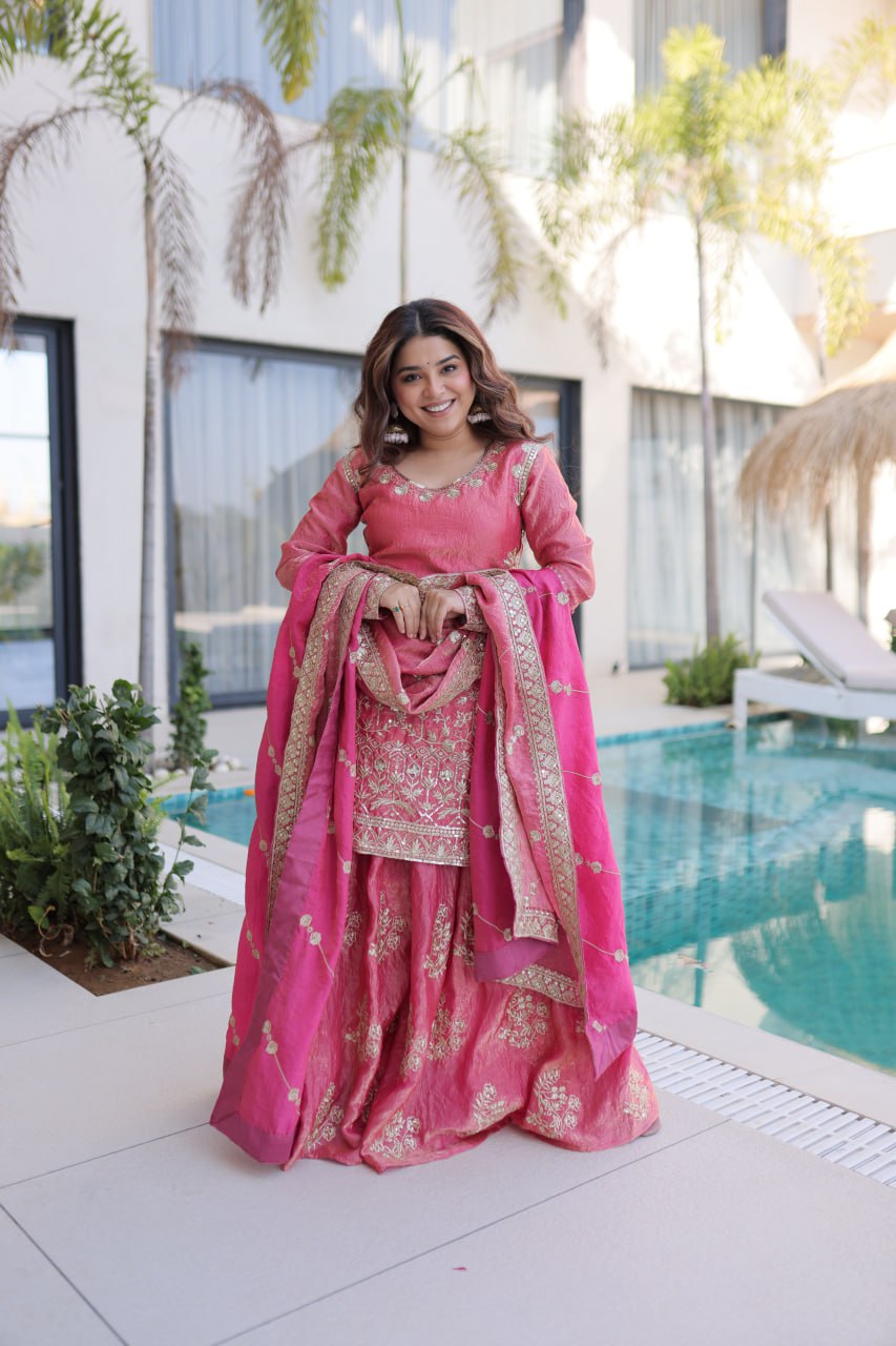 Peach Fendi Crush With Zari Sequins Embroidered Work Sharara