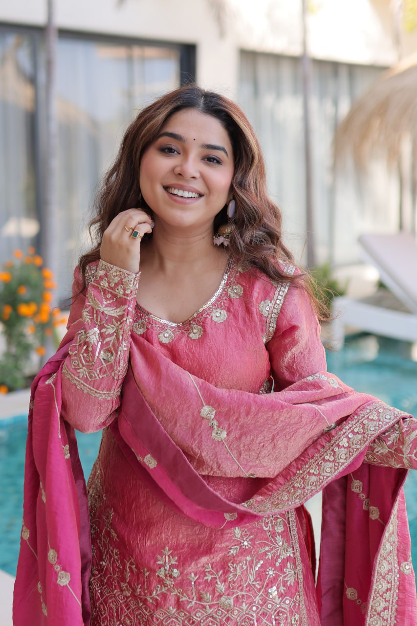 Peach Fendi Crush With Zari Sequins Embroidered Work Sharara