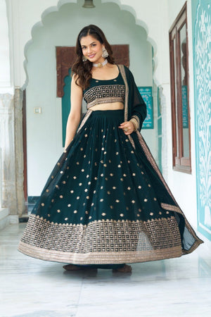 Bottle Green Fox Georgette Lehenga Choli with Heavy Multi-Thread and Sequence Embroidery Work by The Beauty Queen Surat