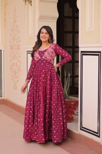 Wine Staple Jequard Weaving Work Gown
