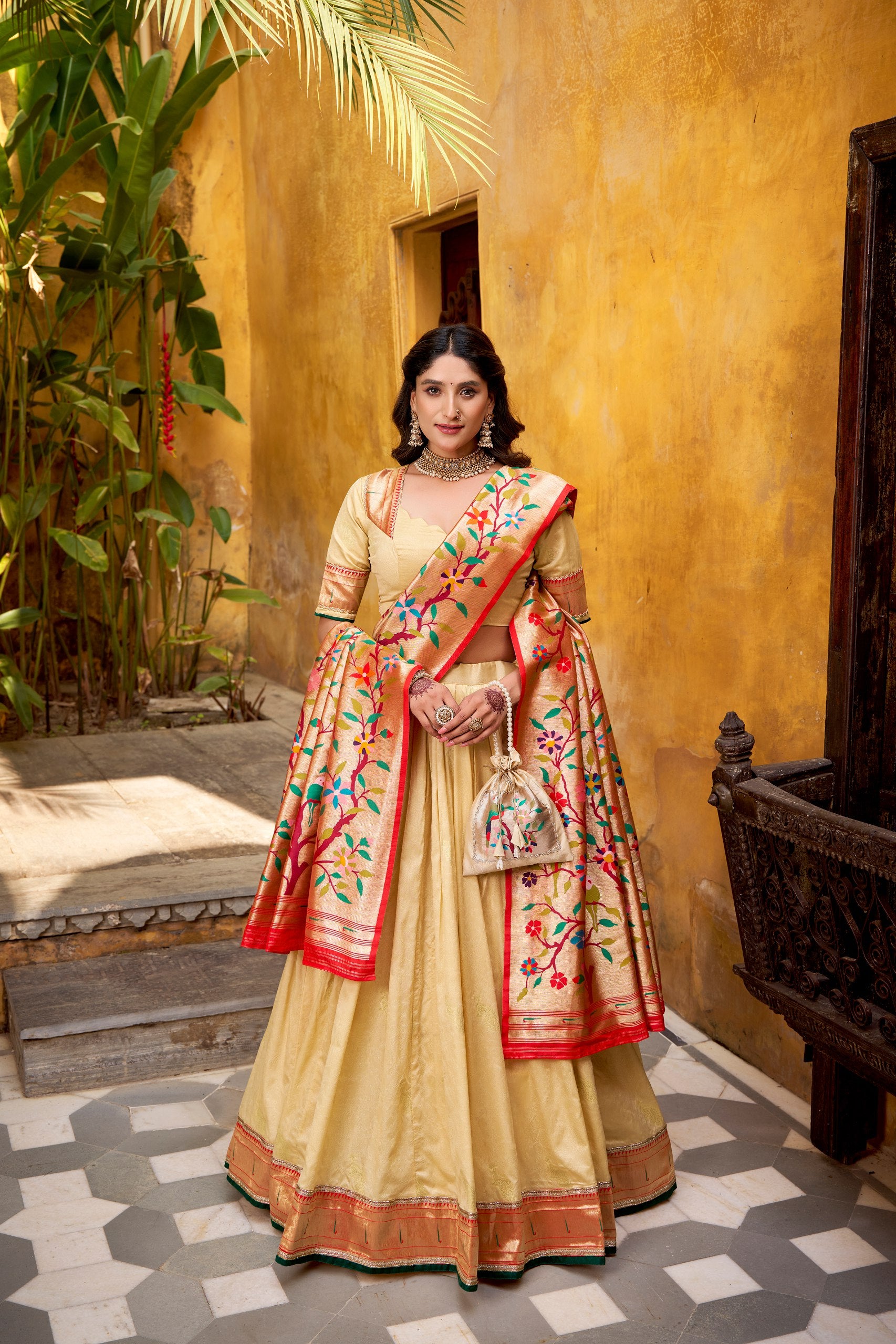 Cream Paithani Silk Lehenga with Zari Weaving & Lace Border – Designer Wedding & Festive Wear Lehenga