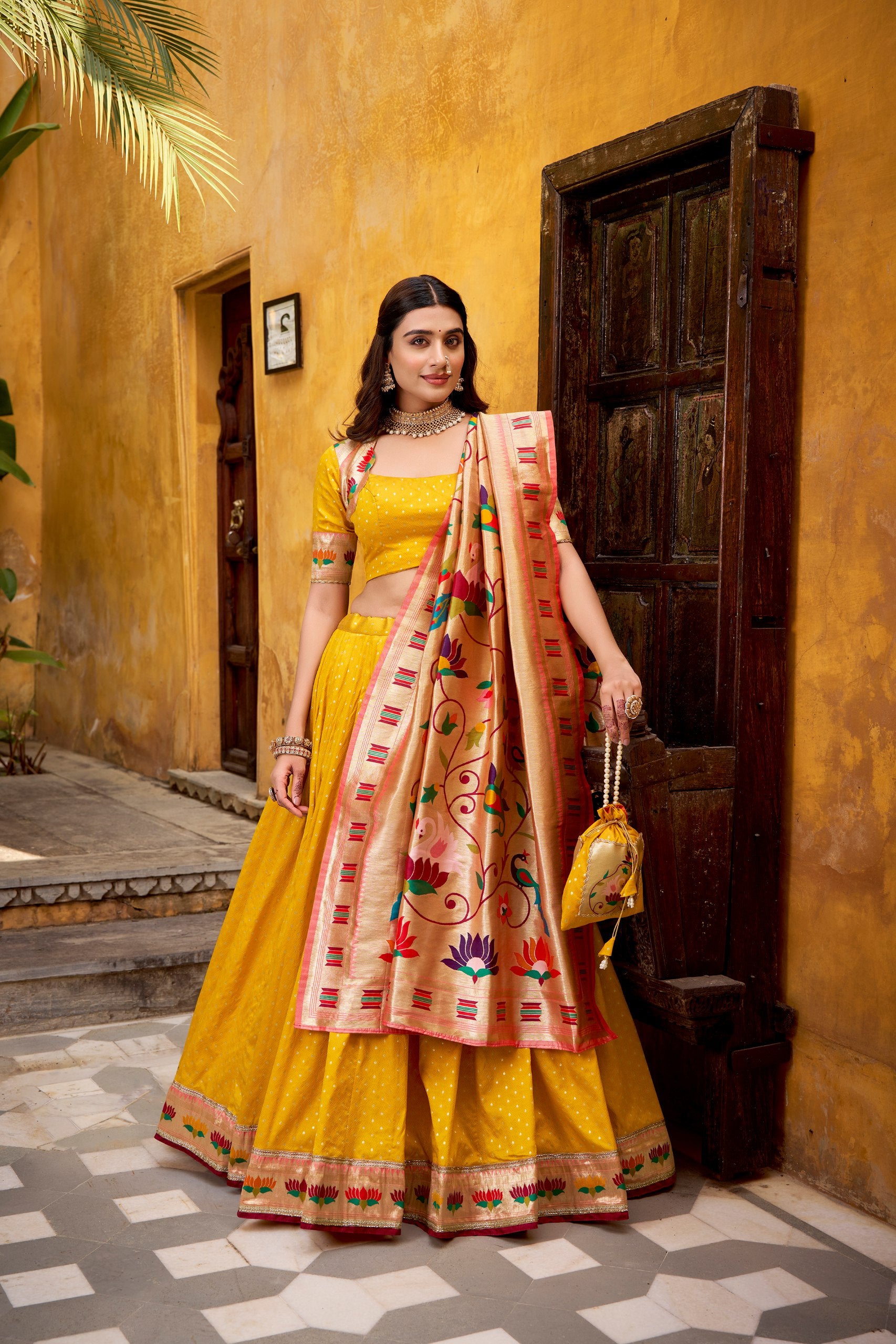 Golden Paithani Silk Lehenga with Zari Weaving & Lace Border – Designer Wedding & Festive Wear Lehenga