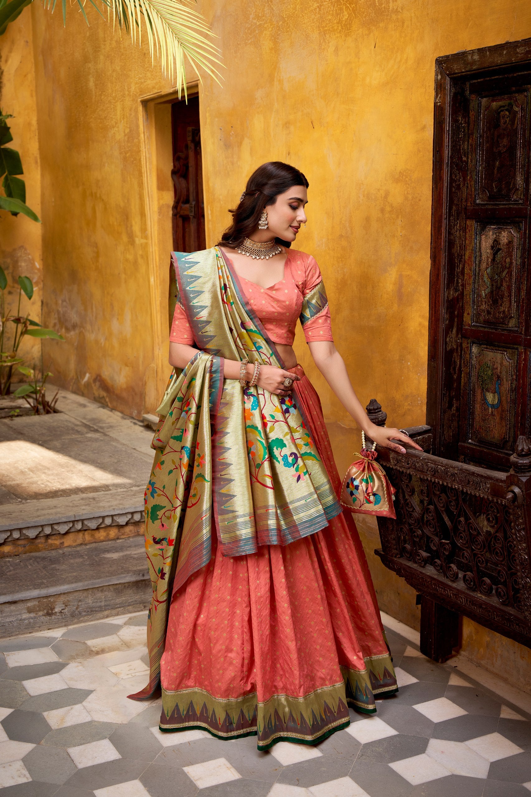 Peach Paithani Silk Lehenga with Zari Weaving & Lace Border – Designer Wedding & Festive Wear Lehenga